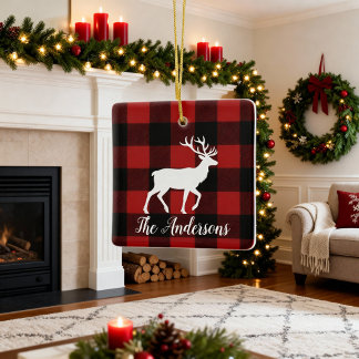 Ornamento De Cerâmica Plaid Deer Family Name Christmas Keepsake Ornament