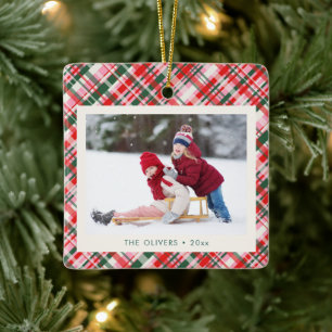 Ornamento De Cerâmica Plaid Moderno de Natal Rosa Vermelho Verde Foto Fo