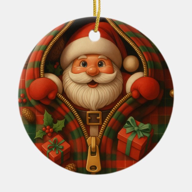 Ornamento De Cerâmica Plaid Santa Claus Christmas Design  (Frente)