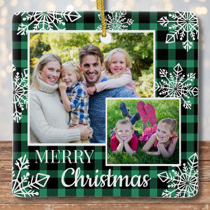 Ornamento De Cerâmica Plaid Verde 3 Fotos Flocos de Neve Feliz Natal