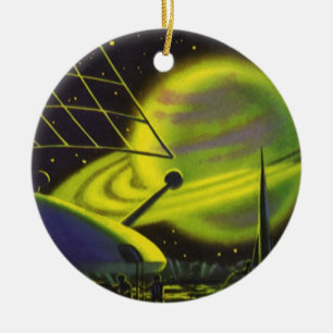 Ornamento De Cerâmica Planeta Verde Neon de Ficção Científica Vintage co