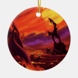 Ornamento De Cerâmica Planeta Vulcão de Ficção Científica Vintage com La
