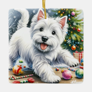 Ornamento De Cerâmica Playful Westie Christmas
