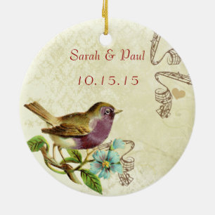 Ornamento De Cerâmica Plum Vintage Bird Save the Date Photo Brown Notes