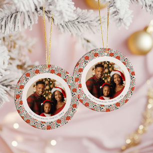 Ornamento De Cerâmica Poinsétia Vermelha Clássica Foto de Natal em 2 Lad
