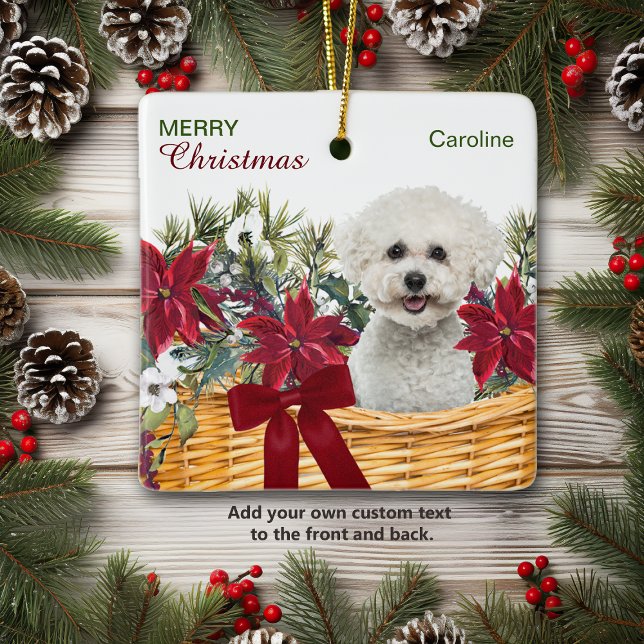 Ornamento De Cerâmica Poinsettia Bichon Frise na Cesta de Natal Ornament (Criador carregado)