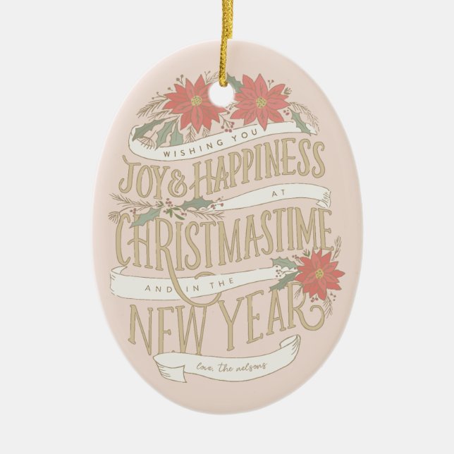 Ornamento De Cerâmica Poinsettia boughes e fotografias de faixas (Frente)