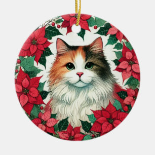 Ornamento De Cerâmica Poinsettia Calico Cat Natal
