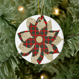 Ornamento De Cerâmica poinsettia de aniagem e xadrez