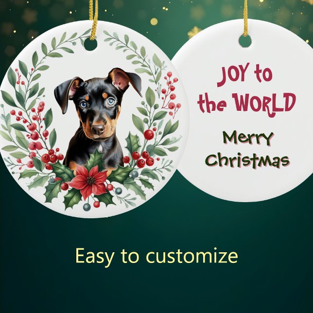 Ornamento De Cerâmica Poinsettia Holly Wreath Doberman Pinscher Puppy (Criador carregado)