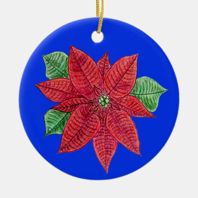 Ornamento De Cerâmica Poinsettia Ornament - Fundo Azul (Frente)