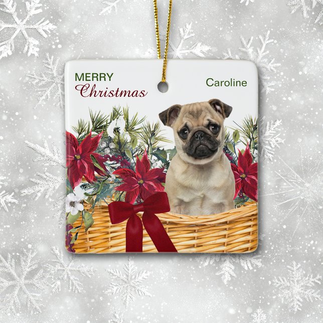 Ornamento De Cerâmica Poinsettia Pug Cachorro Cachorro de Natal (Criador carregado)