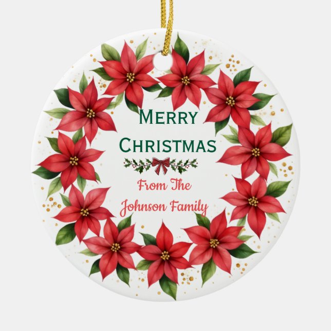 Ornamento De Cerâmica Poinsettia Wreath Family Christmas Ornament (Frente)
