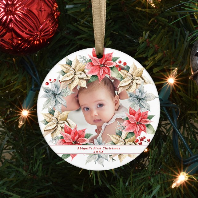 Ornamento De Cerâmica Poinsettia Wreath & Photo Baby's First Christmas (Criador carregado)