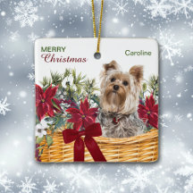 Poinsettia Yorkie Terrier Cesta de Natal