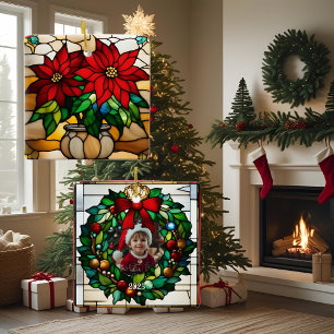 Ornamento De Cerâmica Poinsettias Plantadas Faux Vidro Estido
