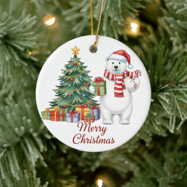 Ornamento De Cerâmica Polar Bear Merry Christmas Ornament - Personalized (Árvore)