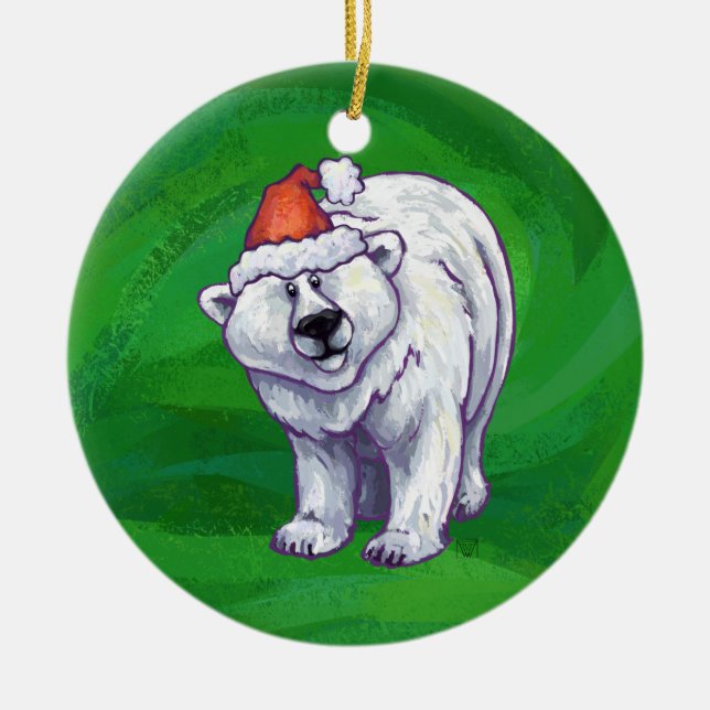 Ornamento De Cerâmica Polar Bear Natal Em Verde (Frente)