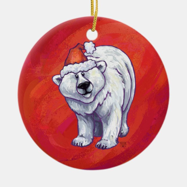 Ornamento De Cerâmica Polar Bear Natal Em Vermelho (Frente)