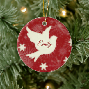 Ornamento De Cerâmica Pomba e flocos de neve personalizados