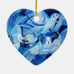 Ornamento De Cerâmica Pombos em azul