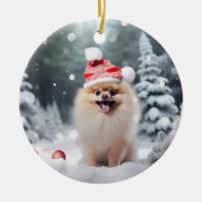Ornamento De Cerâmica Pomerânia - Cão de Natal (Frente)