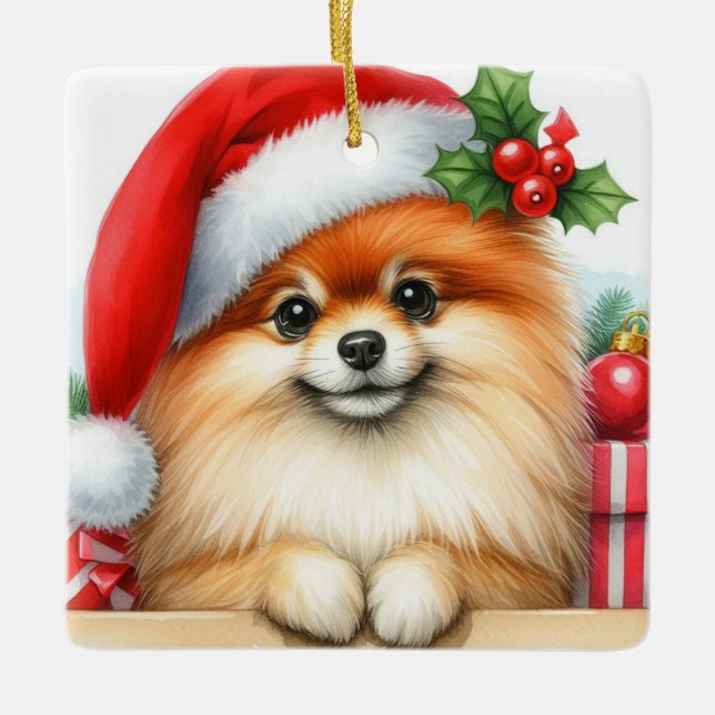 Ornamento De Cerâmica Pomerânia Personalizada Vestindo um Chapéu Santa (Frente)