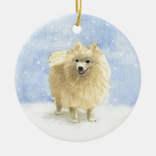 Ornamento De Cerâmica Pomeranian Eskie na neve