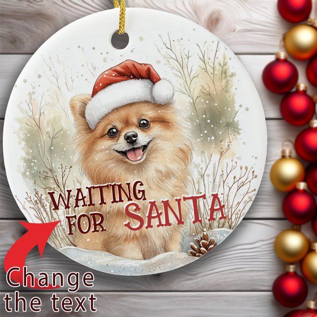 Ornamento De Cerâmica Pomeraniana Esperando Papais noeis de Natal (Pomeranian Waiting For Santa Snowy Dog Christmas Ceramic Ornament)