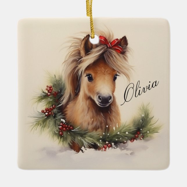 Ornamento De Cerâmica Pônei de Natal Fofo com Nome (Frente)