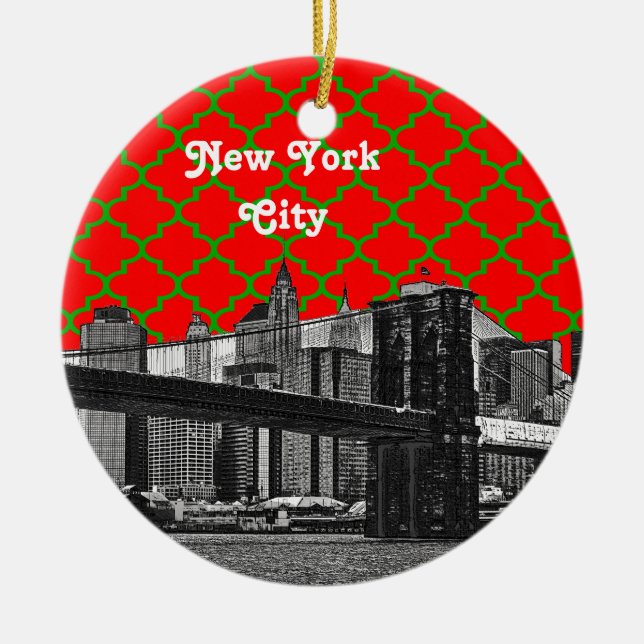 Ornamento De Cerâmica Ponte NYC Brooklyn Red Grn Quatrefoil Xmas (Frente)