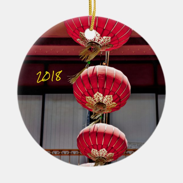 Ornamento De Cerâmica Ponte ouro e Lanternas Chinesas (Frente)