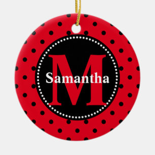 Ornamento De Cerâmica Pontos Polka em Vermelho e Preto Personalizados