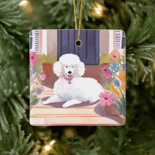 Ornamento De Cerâmica Poodle Branco Flores de Aquarela de Cachorro