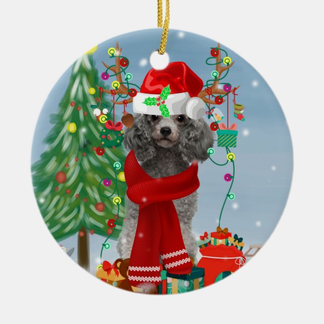 Ornamento De Cerâmica Poodle Christmas (Frente)