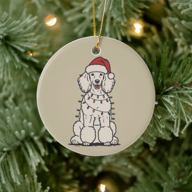 Ornamento De Cerâmica Poodle Fofo Envolvido em Luzes de Natal Feriado  (Árvore)