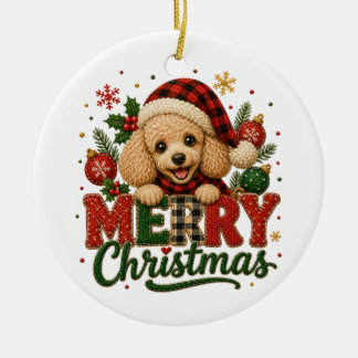 Ornamento De Cerâmica Poodle Fofo Feliz Natal