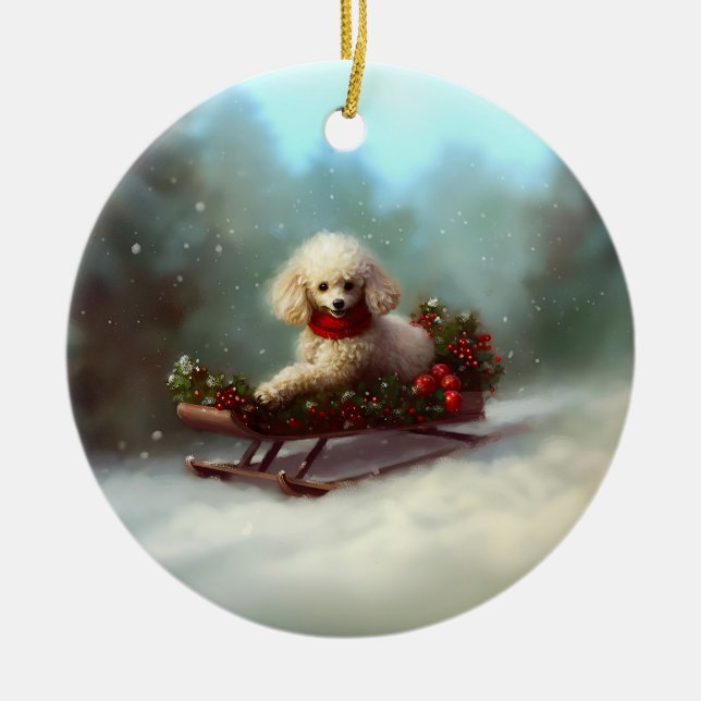 Ornamento De Cerâmica Poodle Natal neve inverno (Frente)