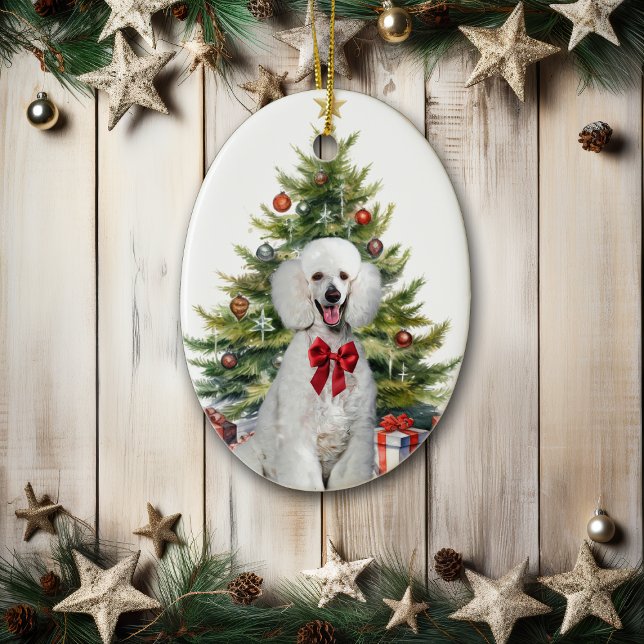 Ornamento De Cerâmica Poodle Padrão Branco com Laço Vermelho Natal (Criador carregado)