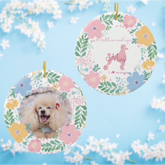Ornamento De Cerâmica Poodle Pastel Pink Custom Photo & Name Memorial  (Criador carregado)