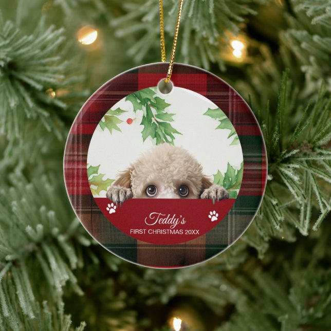 Ornamento De Cerâmica Poodle Personalizado Primeiro Natal (Árvore)