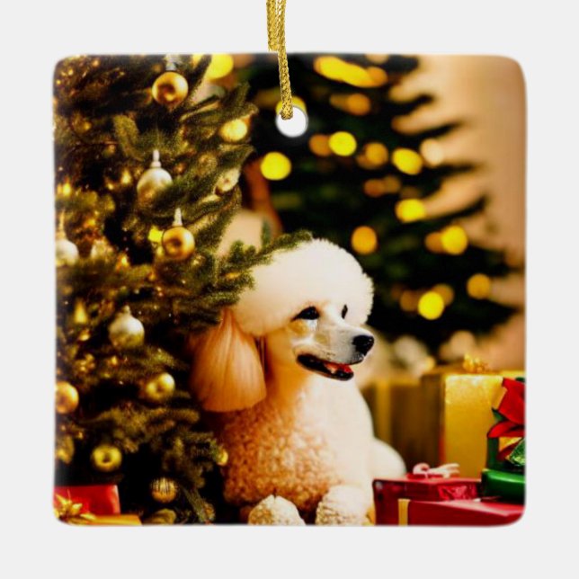 Ornamento De Cerâmica Poodle Under Christmas Tree (Frente)