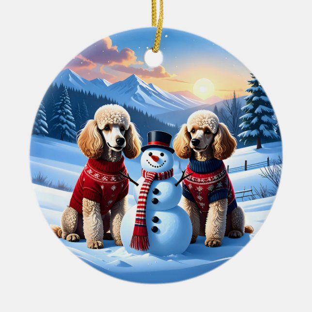 Ornamento De Cerâmica Poodles e Snowman no Natal (Frente)