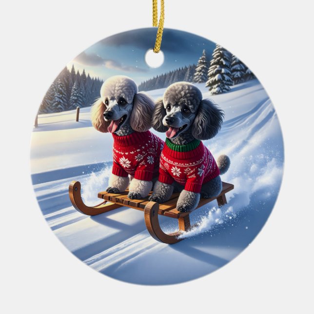 Ornamento De Cerâmica Poodles Sled Ride Christmas (Frente)