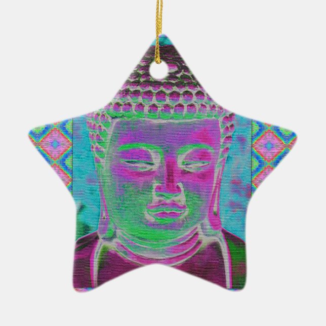 Ornamento De Cerâmica Pop Buda em Magenta e Turquesa (Frente)