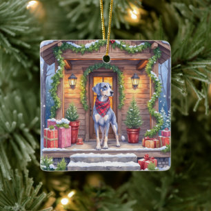 Ornamento De Cerâmica Pôr do Natal em Cabana com Bluetick Coonhound na V