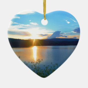 Ornamento De Cerâmica Pôr do sol azul no lago