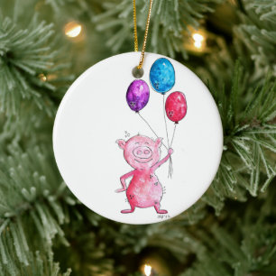 Ornamento De Cerâmica Porco Rosa Caprichoso com Balões