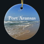 Ornamento De Cerâmica Port ArKansas Texas Beach Foto personalizada no Na<br><div class="desc">Foto maravilhosa de Port ArKansas Beach,  no Texas. Um presente de excelente para um texano que ama a ilha Mustang no verão. As férias no mar e no sol são exatamente o que todos precisam.</div>