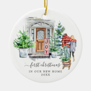 Ornamento De Cerâmica Porta Aquarela Primeiro Natal em Casa Nova